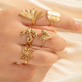 Stainless Steel Big Evil Eye Ginkgo Leaf Heart Butterfly Ring for Women