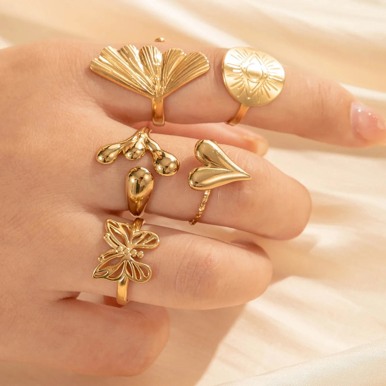 Stainless Steel Big Evil Eye Ginkgo Leaf Heart Butterfly Ring for Women
