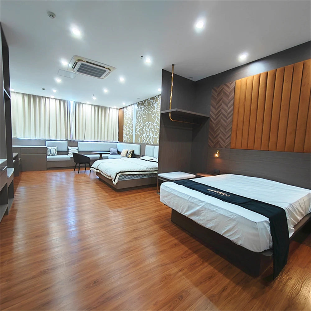 Custom Hotel Furniture Set Solid Wood MDF Board Bed Wardrobe Sofa Desk Suite for 5 Star Bedroom