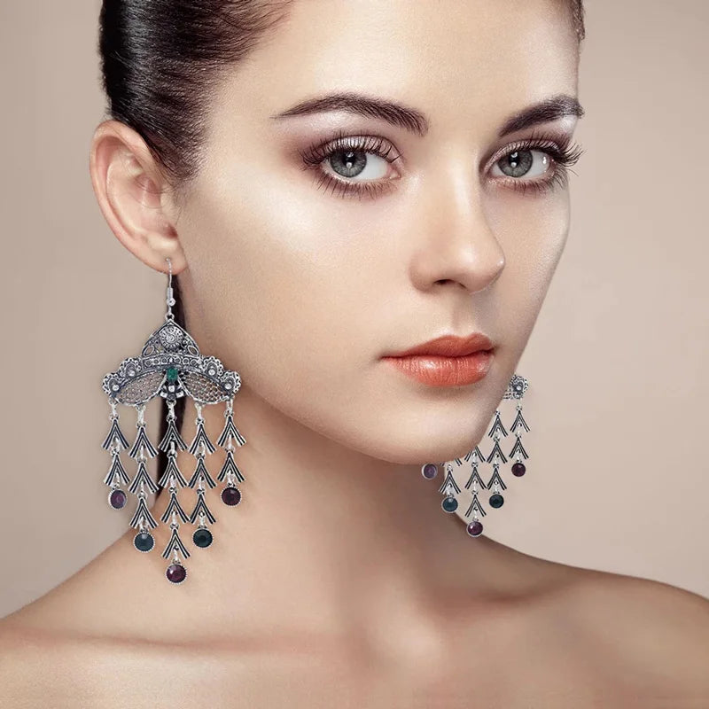 Retro Silver Plated Bridal Geometric Cubic Zirconia Rhinestone Tassel Wedding Chandelier Earrings Jewelry MegaBDM