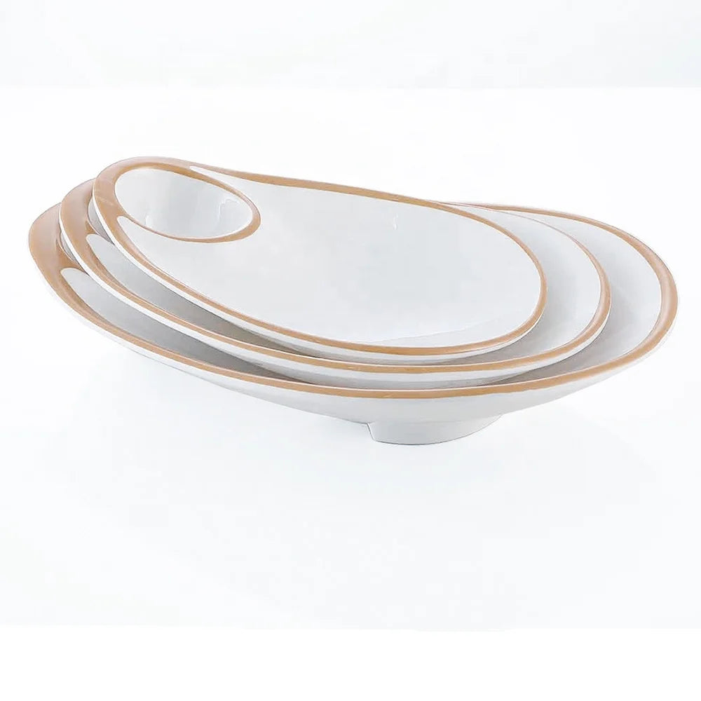 Factory Supply Restaurant Dinnerware Unbreakable Rimmed Printing Irregular White Melamine Dinner Plate
