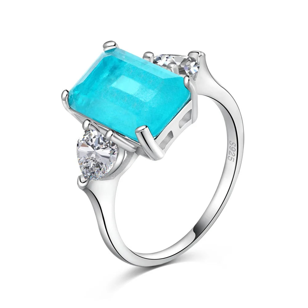Elegant and Luxurious 8x12mm Synthetic Paraiba CZ 925 Sterling Silver Fine Ring Jewelry