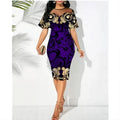 African Women Printed Dresses Fashion Temperament Commuter Mesh Waist Mid Length Dresses