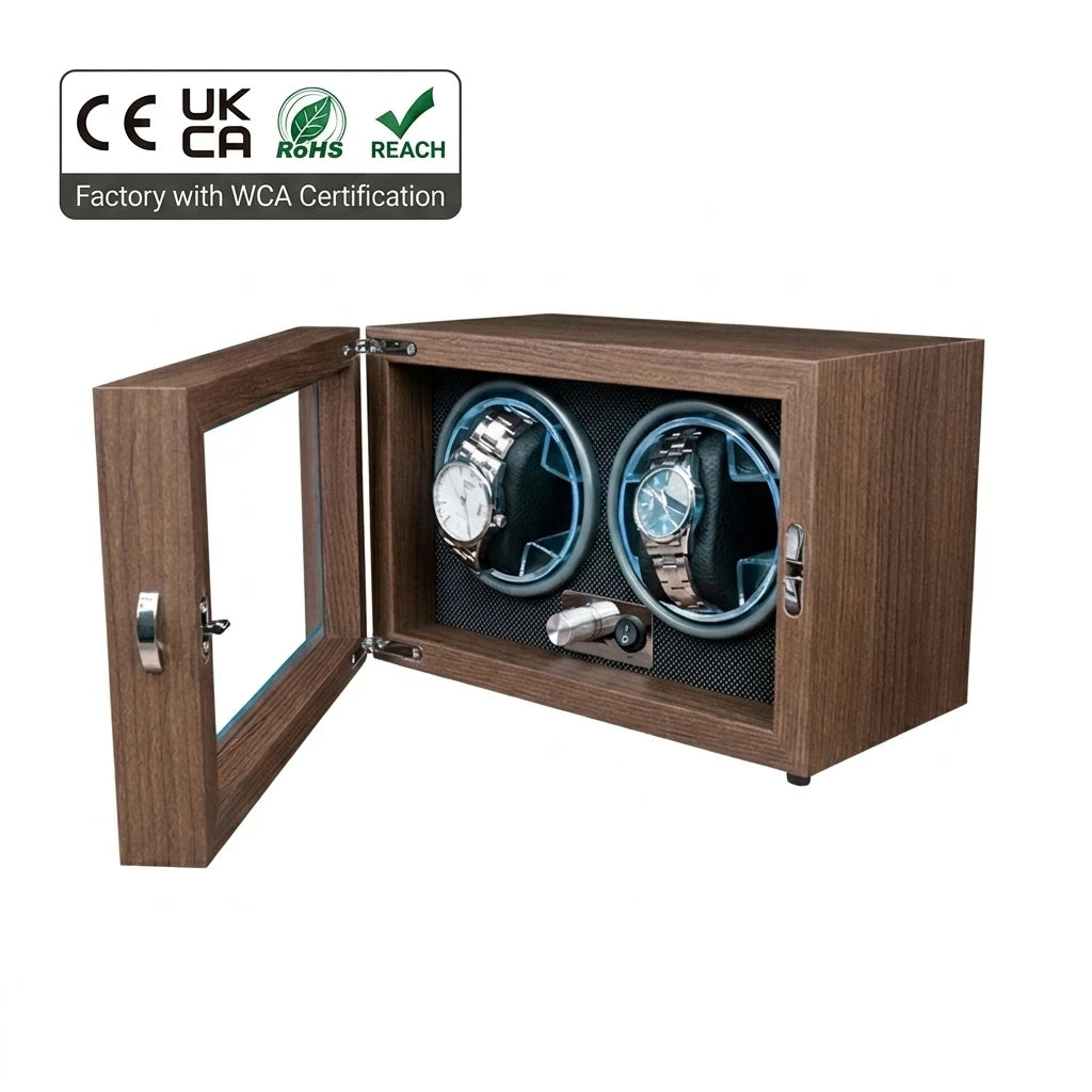 Walnut Grain Wood Watch Winder 2 Slots with 5 Rotation Modes and Blue Led Light for Luxury Automatic Watches WCA Certified Case
