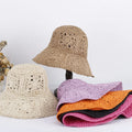 Bohemian Handmade Knitted Flower Sun Bucket Hat Solid Color Foldable Wide Brim Summer Beach Straw Paper Crochet Hat