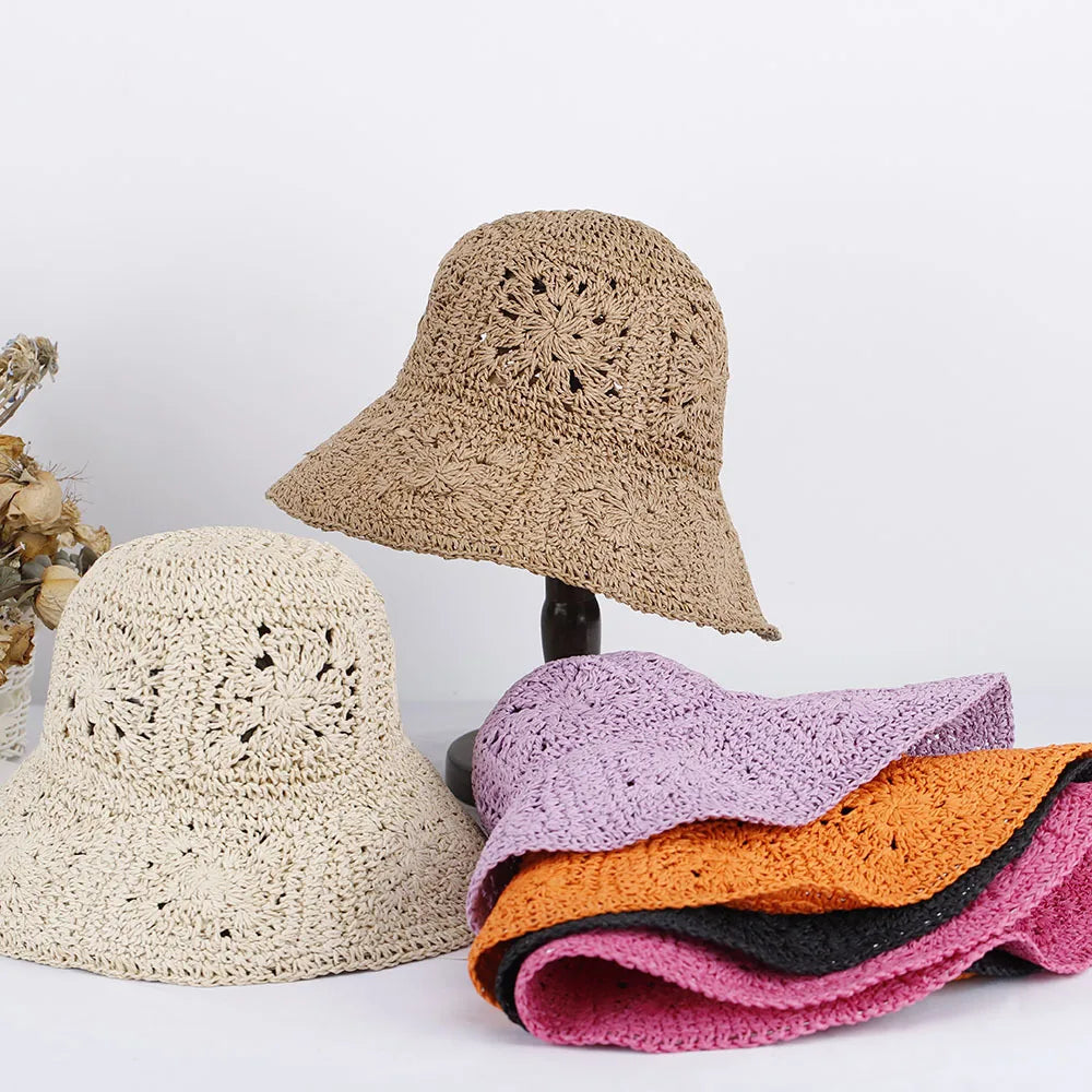 Bohemian Handmade Knitted Flower Sun Bucket Hat Solid Color Foldable Wide Brim Summer Beach Straw Paper Crochet Hat