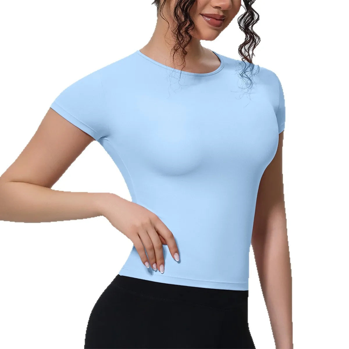 Short Sleeve Solid Crew Neck Shirts for Women Fitted Casual Breathable Quick Dry Four-Way Stretch Fashion