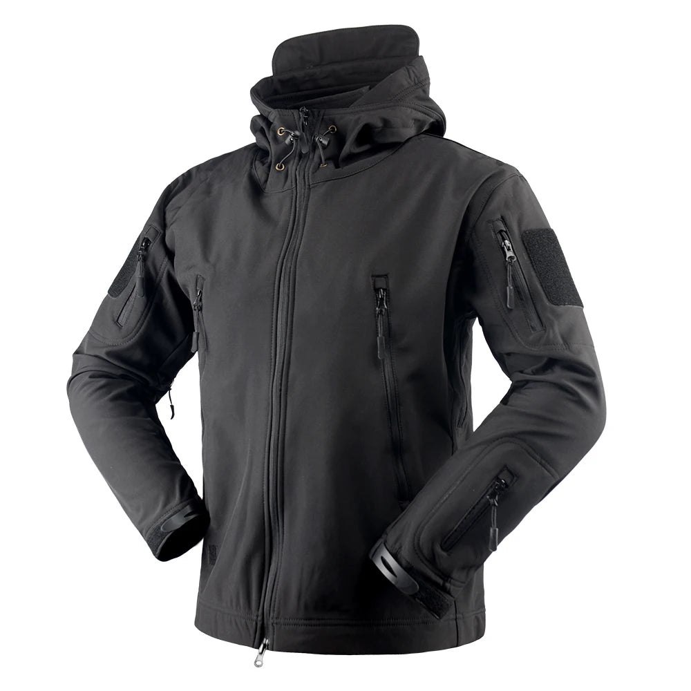 Outdoor Winter Waterproof Breathable Plus Size Men Blouson Tactical Softshell Jacket with Zipper and Hood in Black