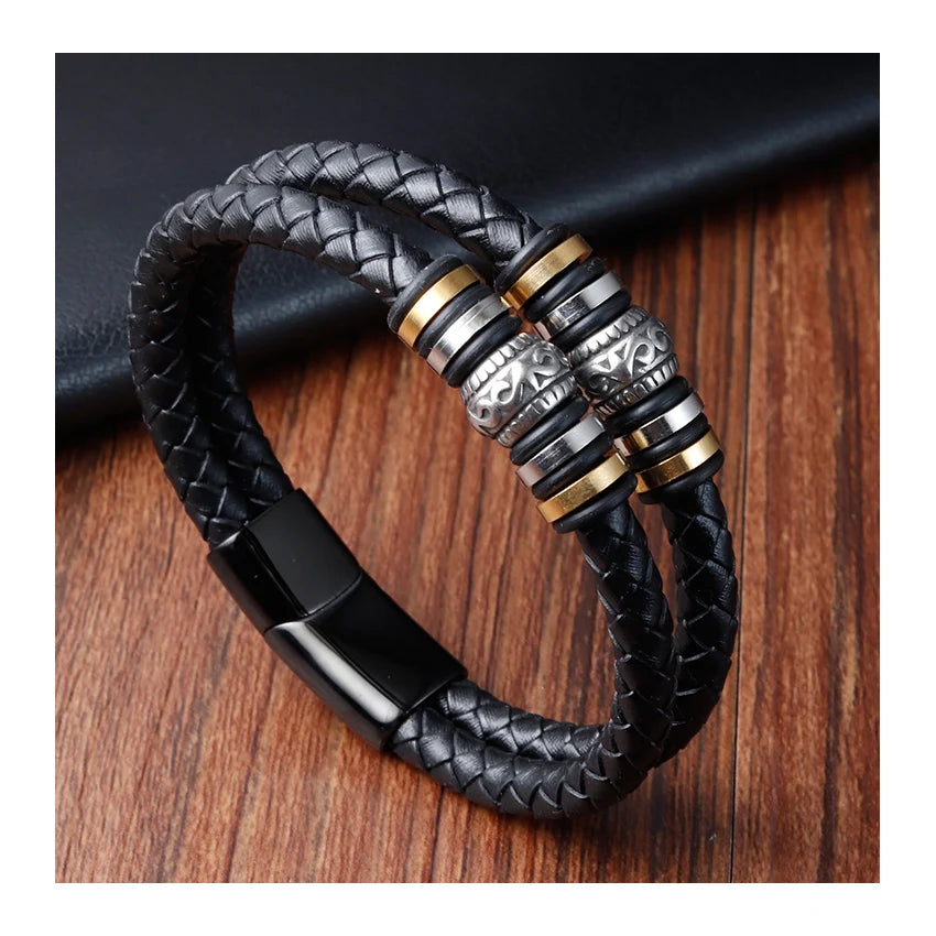 Hot Selling Stainless Steel Magnetic Clasp Jewelry Men Black Bolo Braided Genuine Leather Bracelet Men's Accessories