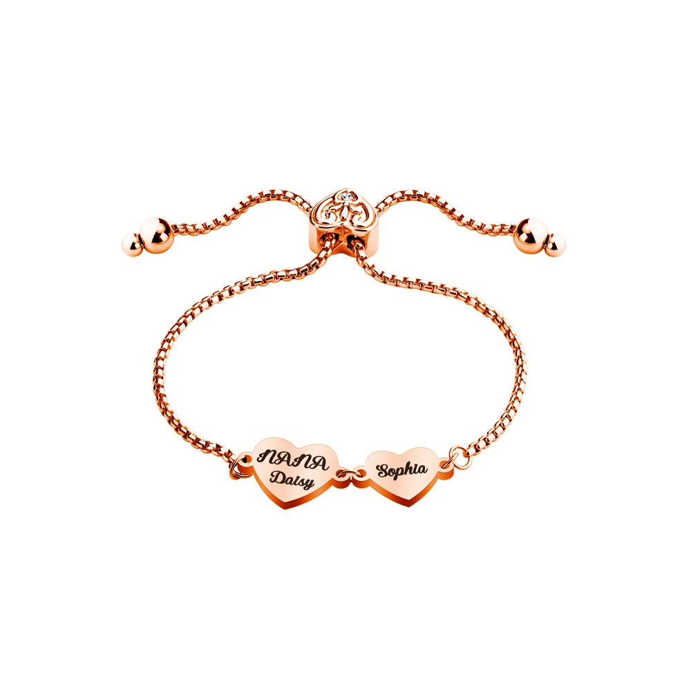 Qiuhan Stainless Steel Gold Plated Cute Custom Name Engraved Laser Heart Pendant Slide Chain Bracelet Jewelry Gift for Party