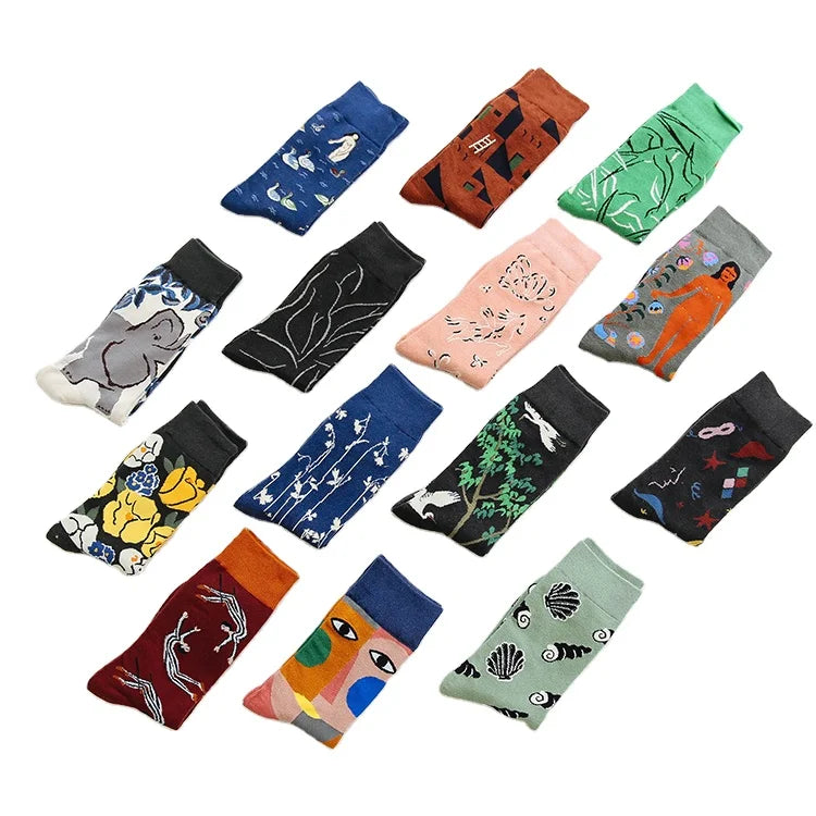 Customer New Design Wholesale Combed Cotton Colorful Red-crowned Crane China Style Painting Unisex Cute Men Women Socks