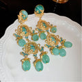 Vintage Elegant Resin Waterdrop Long Tassel Dangle Earring for Women Metal Gold Flower Crystal Pendant Jewelry New