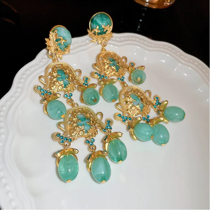 Vintage Elegant Resin Waterdrop Long Tassel Dangle Earring for Women Metal Gold Flower Crystal Pendant Jewelry New