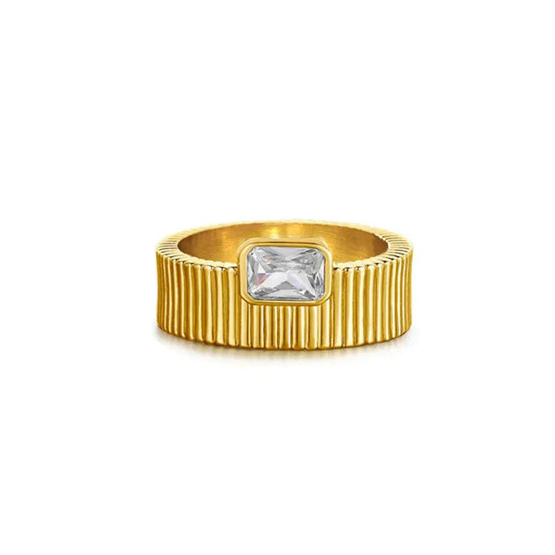 Retro 18k Gold Plated Stainless Steel Ridged Ring Gift Square White Cubic Zirconia Wedding Rings Jewelry Women