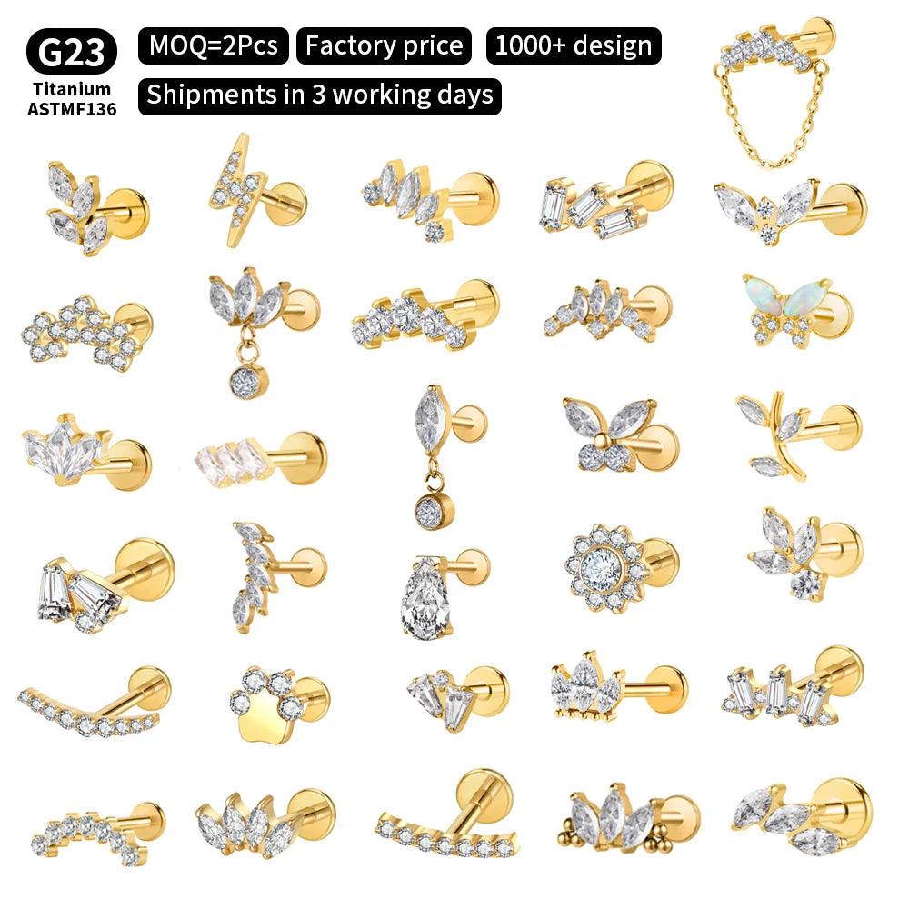 Titanium Internally Threaded Stud Earring Yellow Gold Engraved Lotus Marquise Zircon Flat Back Ear Stud