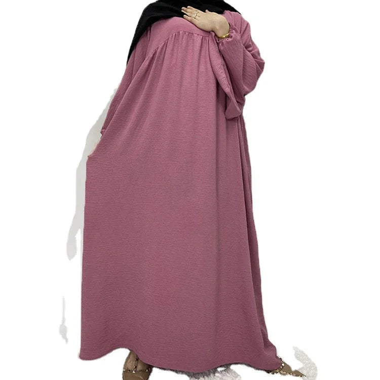 Pleated Fabric Solid Color Long Free Size Big Elastic Cuff Arabic Women Eid Abaya Women Muslim Robe