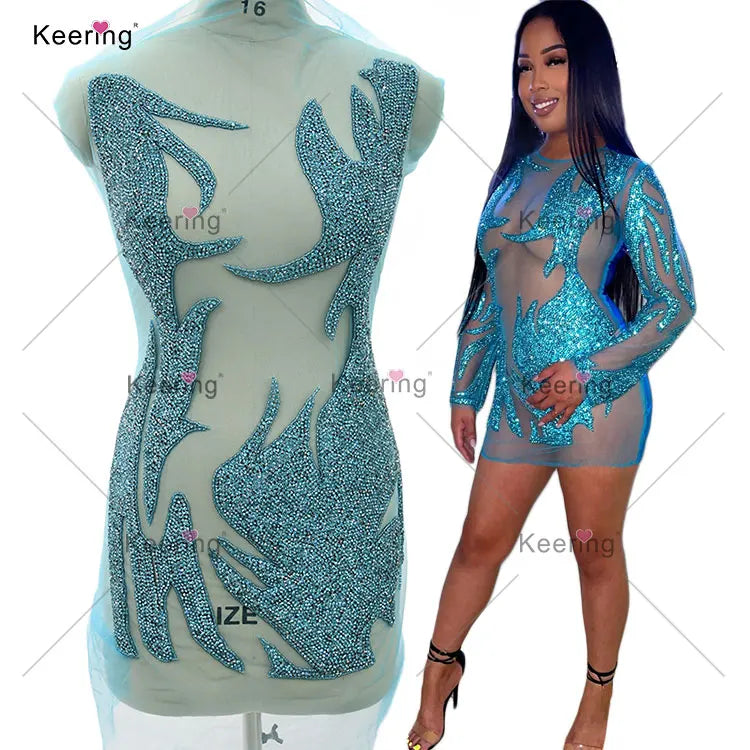 WDP-412 New Custom Fashion Aqua Handmade Crystal Beaded Bodice With Sleeves Unique Glass Rhinestone Appliques for Evening Gown
