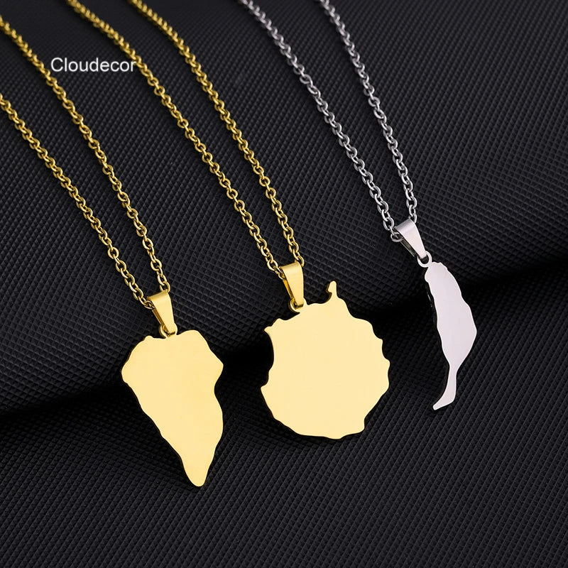 Gold Plated Stainless Steel Canary Islands Geometric Pendant Necklace Link Chain Jewelry for Men and Women Mirror Polish