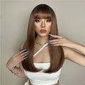Factory Outlet MOQ1Long Brown Straight Synthetic Wigs with Bangs Ombre Brown Thick Hair Wig for Women High Temperature Fiber