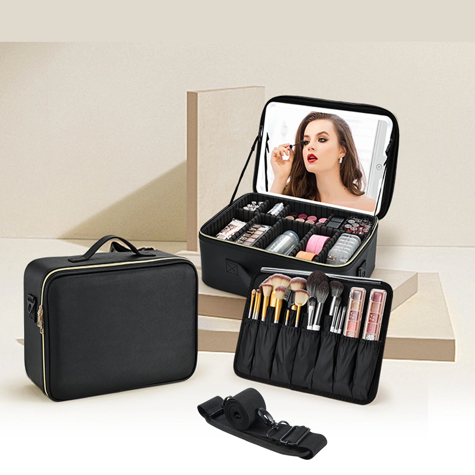 Professional Large Capacity Leather Makeup Train Case LED Mirror Zipper Closure Vanity Brush Holder Shoulder Strap for Travel