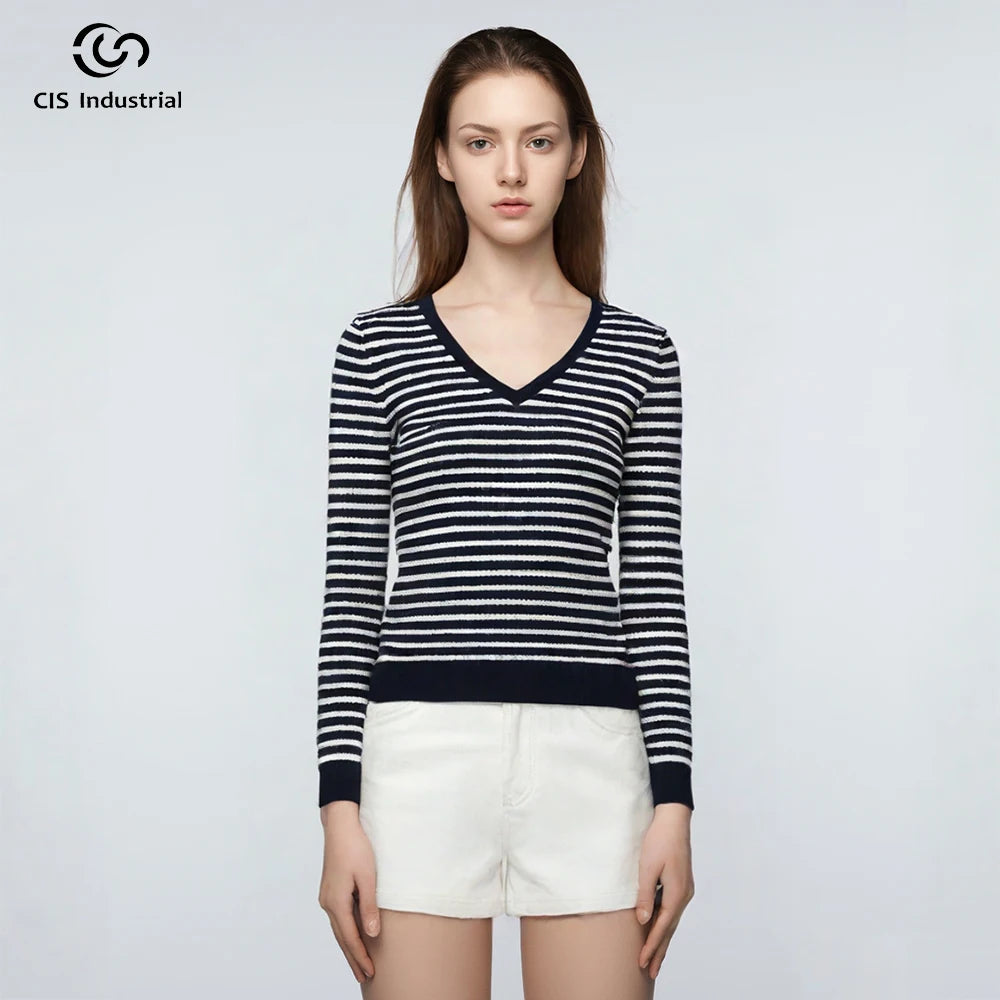 Custom Women Sweater Basic Simple Woman's Knitted Strip Sweater Spring Casual for v Neck for Women Top