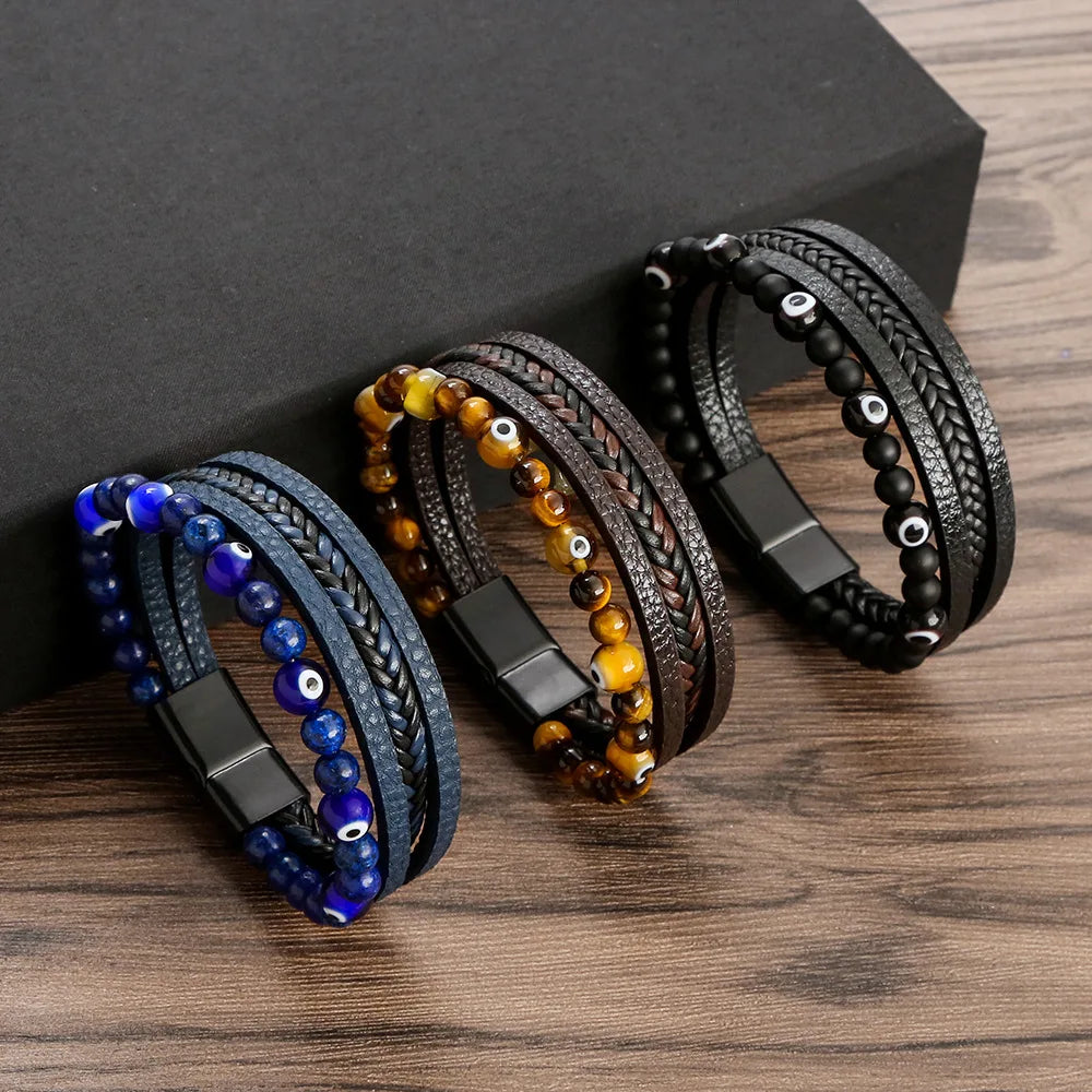 Pulseras De Cuero PU Leather Turkish Devil Eye Beads Layered Bracelet Glass Beads Eyes Leather Bracelet Pulsera Ojo Turco