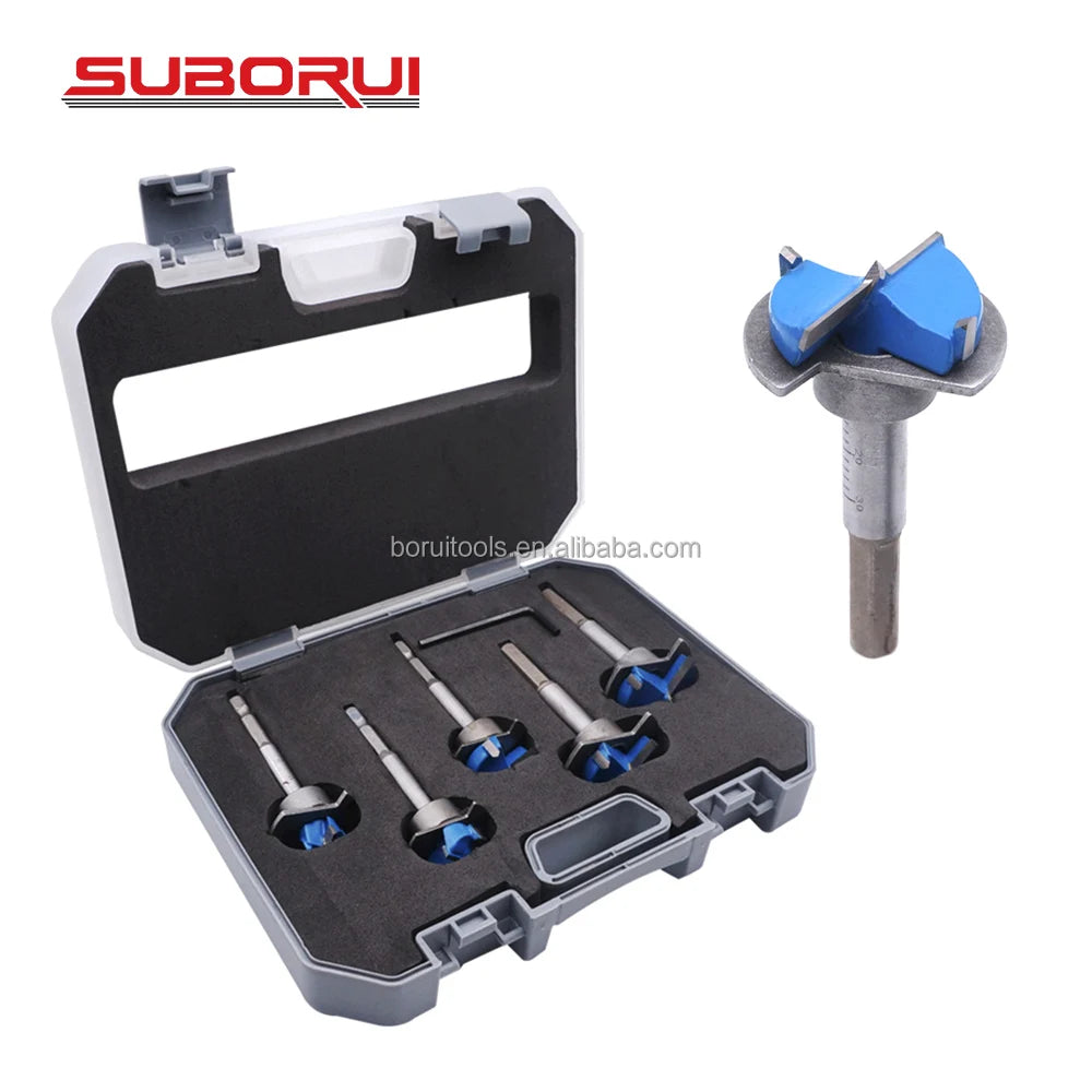 SUBORUI 5PCS TCT Hinge Boring 15-35mm Adjustable Woodworking Forstner Wood Drill Bit Set