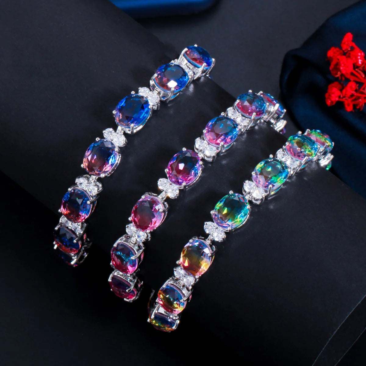Elegant Yellow Green Rainbow Fire Oval Cut Cubic Zircon Tennis Bracelets for Women  Party Jewelry Gift