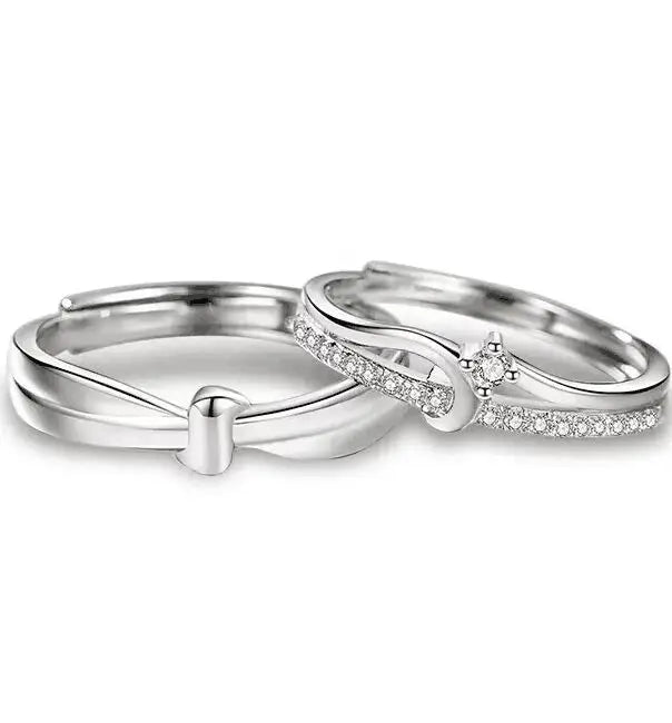 Fashion Jewelry 925 Sterling Silver Cubic Zirconia Adjustable Open Wedding Promise Love Relationship Couple Rings for Women Men