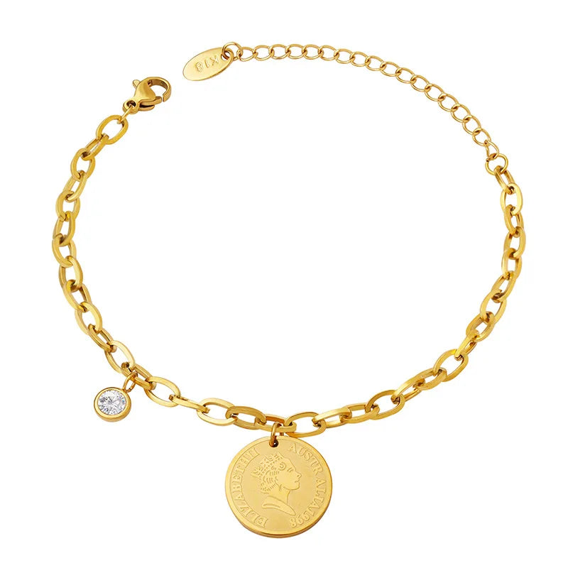 Vintage Fashion 18K Gold Plated 316 Stainless Steel  Coin  Pendant Australia Bracelet  for Women