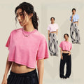 Women Breathable Cotton Half Sleeve Cropped T-Shirts Drop Shoulder Round Neck Casual Summer Solid Color
