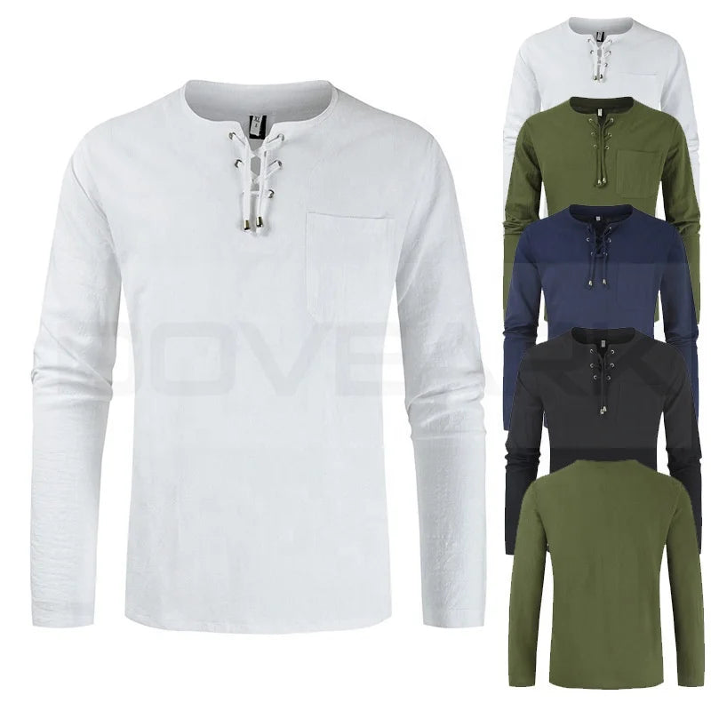 100% Hemp Cheap Plus Size 3XL Pullover Casual Custom Solid Color Polo Men's Cotton Linen Long Full Sleeves T-Shirt With Pocket