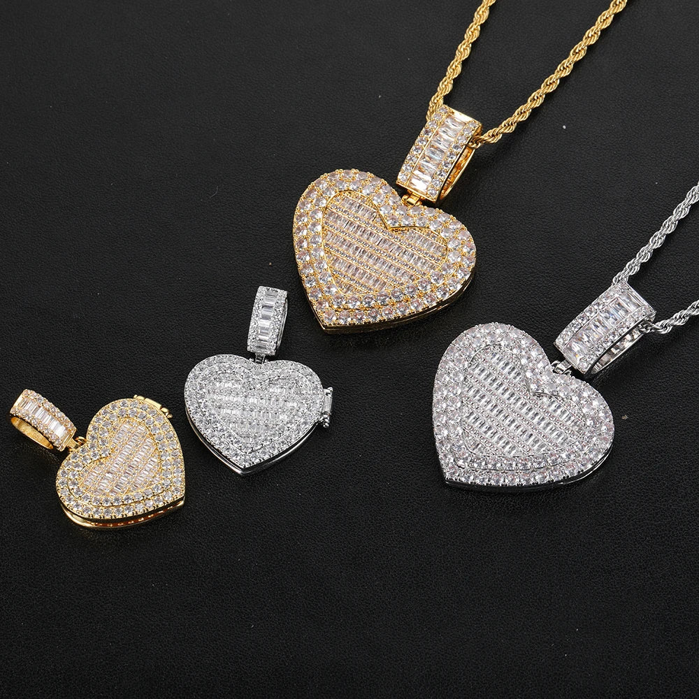 Personality Iced Out CZ Locket Custom Heart Family Memory Photo Frame Pendant With Acrylic
