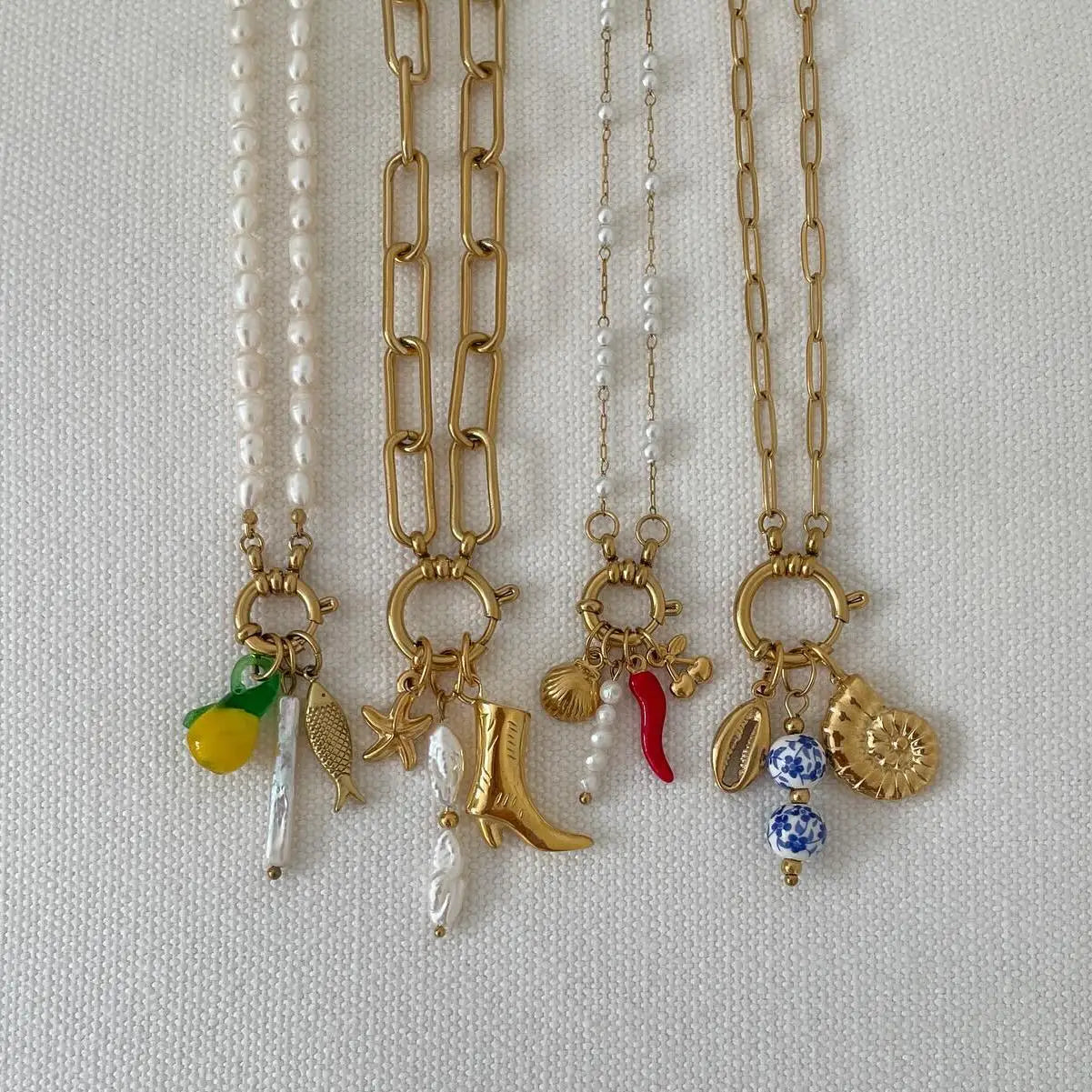 Removable Foundation Chain Stainless Steel Gold PVD Plated Pearl Paper Clip Necklace With Spring Buckle DIY Charms Chains