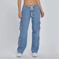 2025 Spring New Women's Cargo Pants Street Washed Denim Multi-Pocket Wide-Leg Drawstring Jeans