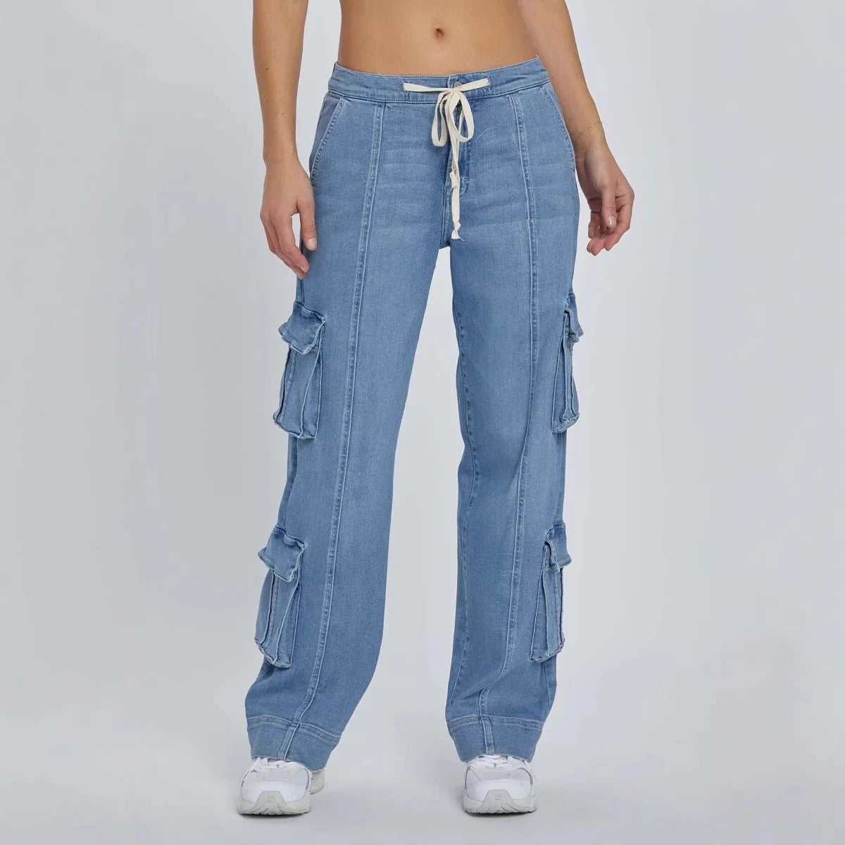2025 Spring New Women's Cargo Pants Street Washed Denim Multi-Pocket Wide-Leg Drawstring Jeans