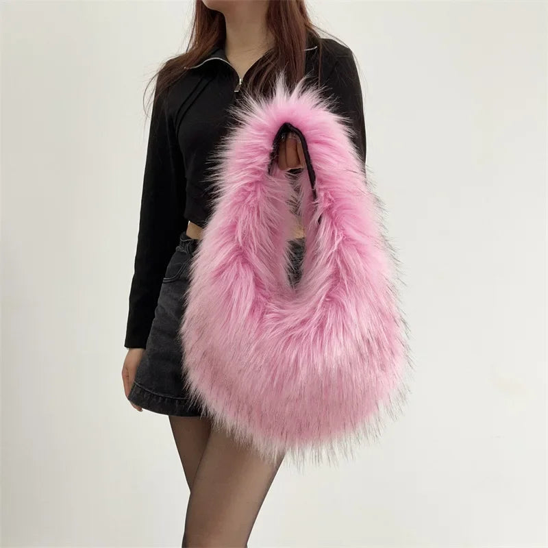 Furry Handbags for Women Winter Fashion Faux Fur Ladies Tote Shoulder Bags Soft Plush Hot Girls Female Hobos Underarm Bag Purse