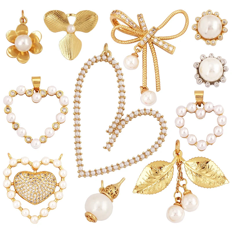 Fashion Heart Flower Pearl Cubic Zircon 18K Gold Charm PendantBracelet Necklace Attachment Jewelry Components Findings L36