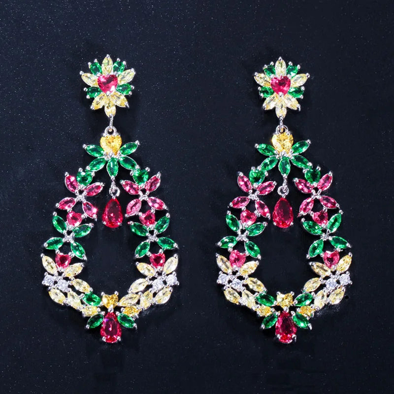 Valentine's Day Gift Jewelry Chunky Statement Multi Colored Cluster Flower Marquise Shape Cubic Zirconia Long Earrings for Women