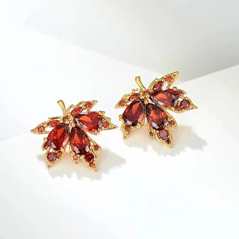 2023 Statement Korean Earrings Cute Red Maple Leaf Stud Earrings Fine Jewelry Earrings for Woman