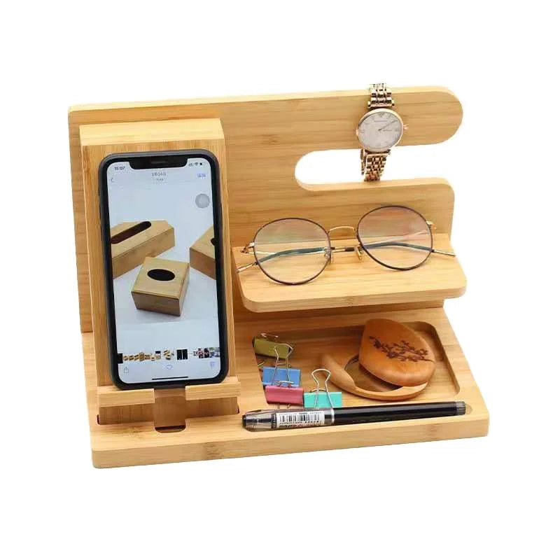 Bamboo Wood Phone Docking Station with Key Holder Wallet Stand Watch Organizer Household Sundries Accessory