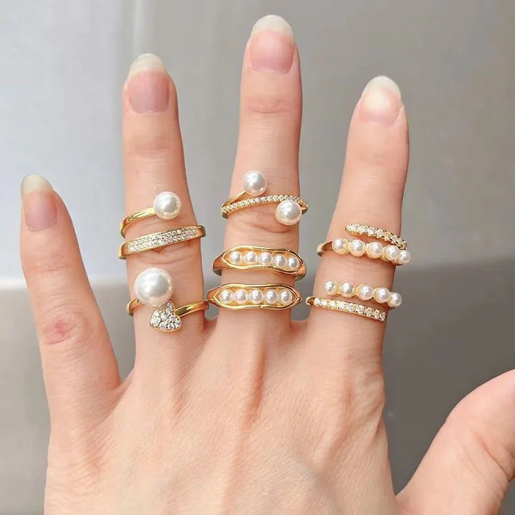 RM1535 Dainty Chic 18k Gold CZ Micro Pave White Faux Pearl Love Heart Rings Jewellery