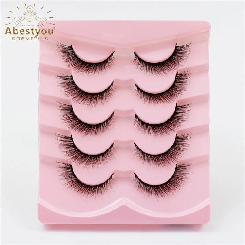 Abestyou 5 Pairs 3d 12mm Fox Eye Lashes Wispy False Eyelashes Natural Look Short Faux Mink Lashes Pack Fake Lashes Cat Eyelash