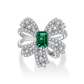925 Silver Green Emerald Bow Engagement Ring White Gold Ribbon Bow Ring for Women