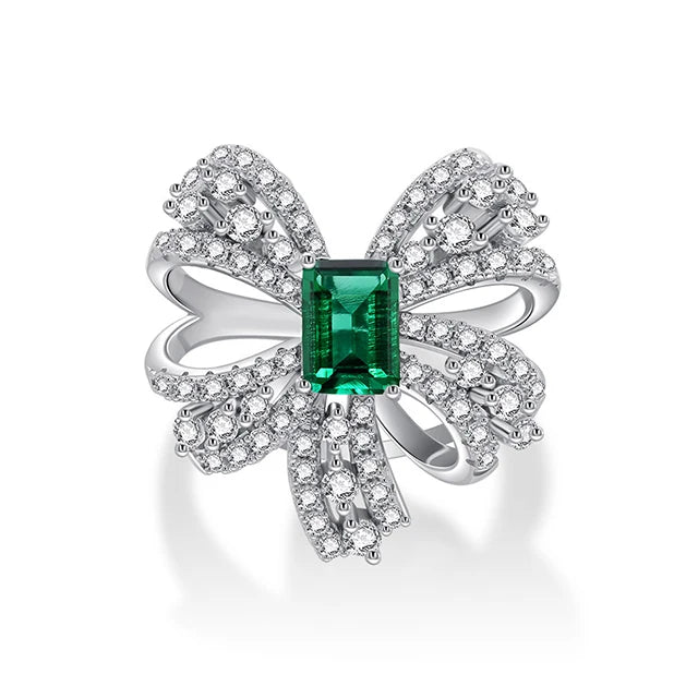 925 Silver Green Emerald Bow Engagement Ring White Gold Ribbon Bow Ring for Women