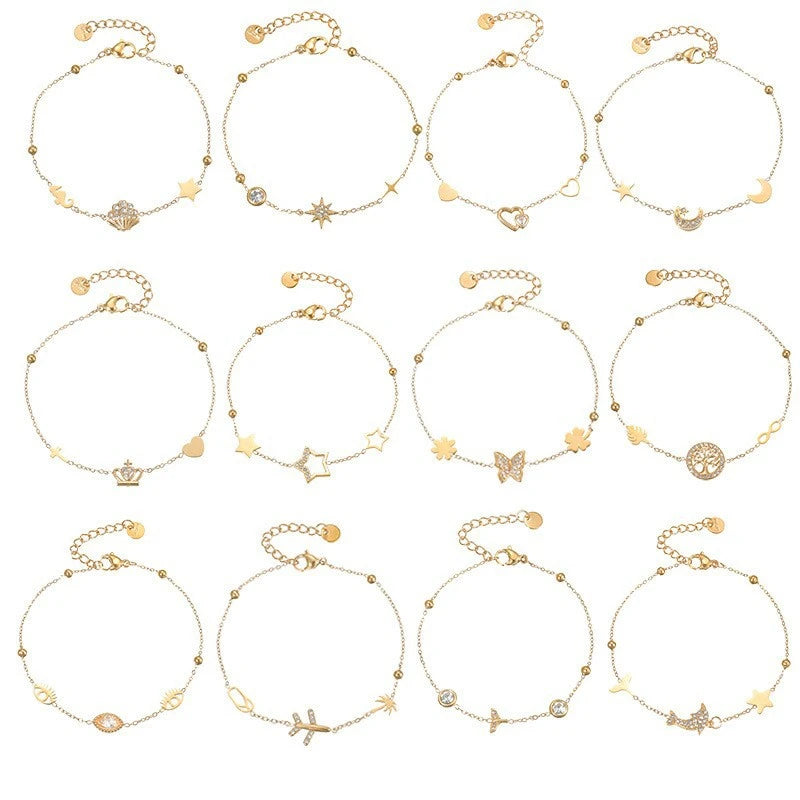 G4032 Wholesale 18k Gold Plated Stainless Steel Star Crown Butterfly Heart Charm Bracelet Fashion Jewelry Bracelets for Women