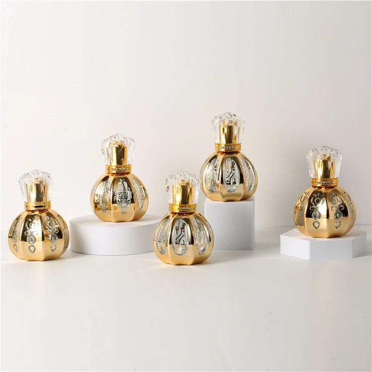 Wholesale 50ml Luxury Gold UV Glass Perfume Atomizer Bottles Screw Neck Pumpkin Shape Aluminum Acrylic Lids Pump Sprayer Screen