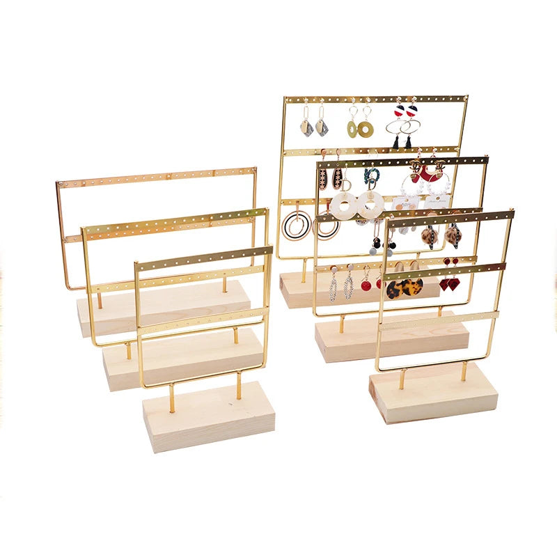 3 Layer Metal Earrings Gold Hardware Wood Base Jewelry Display Stand Holder Iron