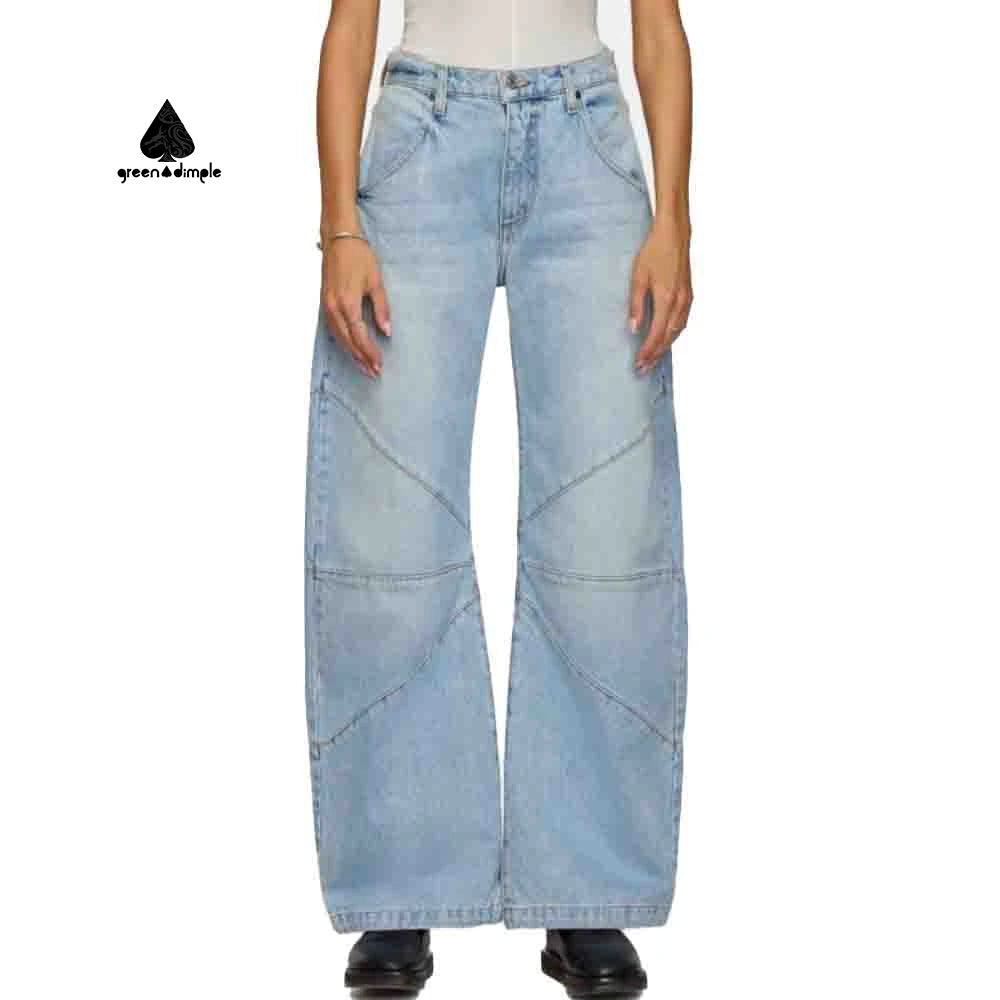 Green Dimple High Quality Jeans for Ladies Baggy Patchwork Stacked Women Blue Low Rise Denim Jeans Splice Custom