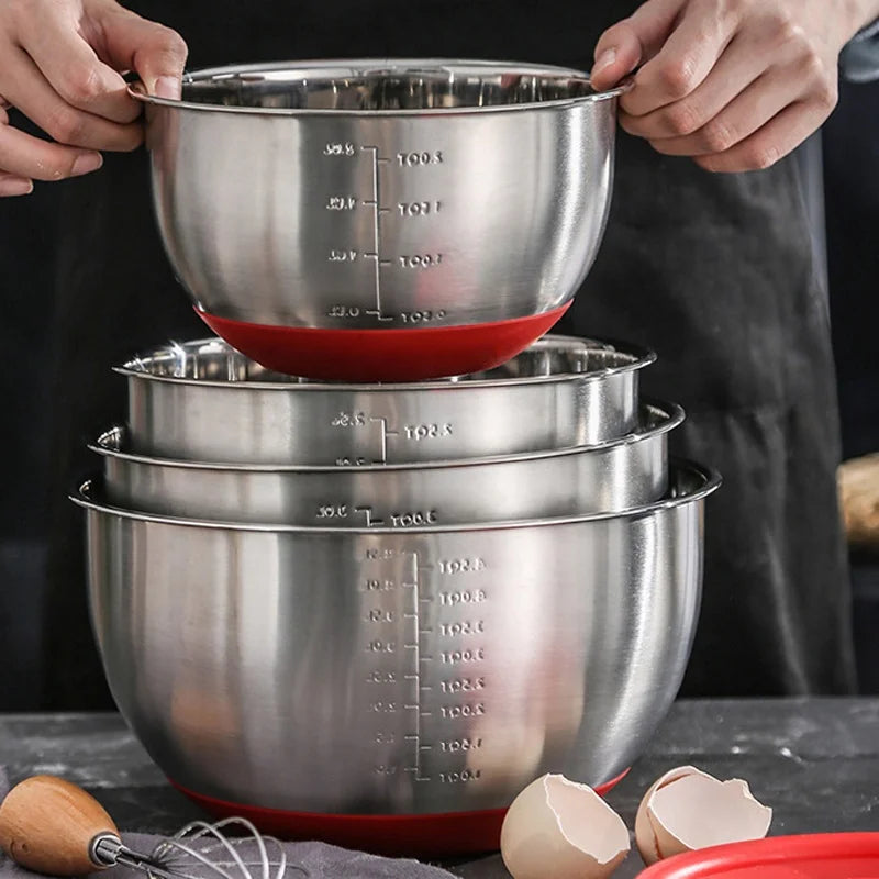 16-24cm Eco-Friendly Stainless Steel Classic Baking Cooking Deep Base Serving Salad Box Set with Lid and Colander (5 Pieces)